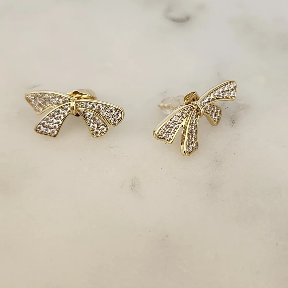 Gold Plated CZ Bow Stud Earrings Dainty Ribbon Coquette Jewelry.